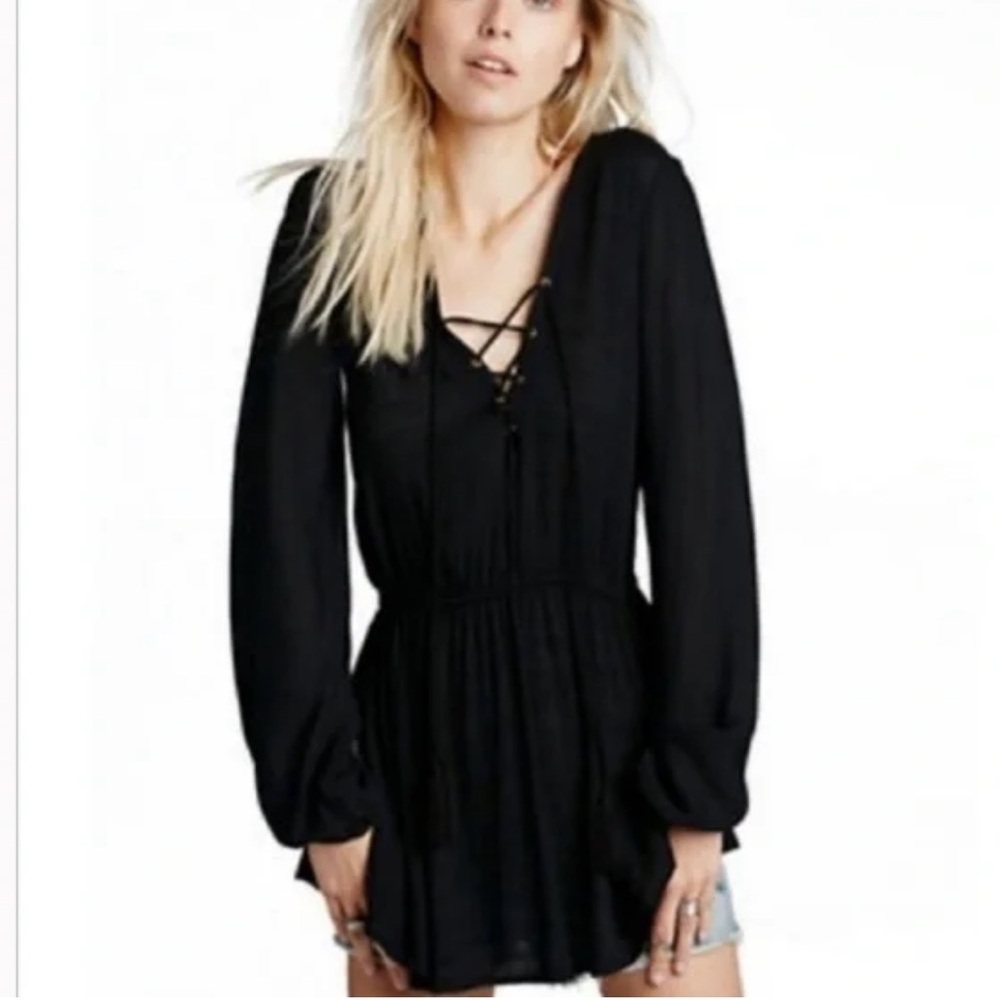 Free people tunic top Black Lace-Up Boho fringe festival Blouse Small